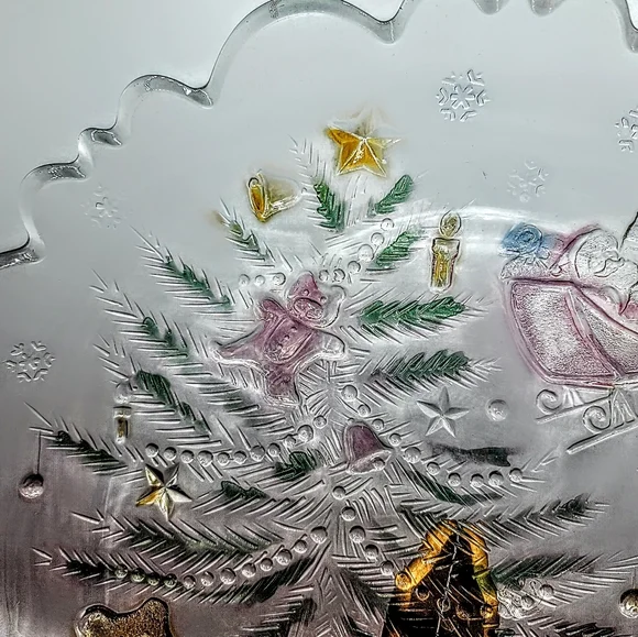 Share the Joy Christmas Glass Platter Santa Sleigh Teddy Bears 14" Caldor Vtg - Picture 6 of 10